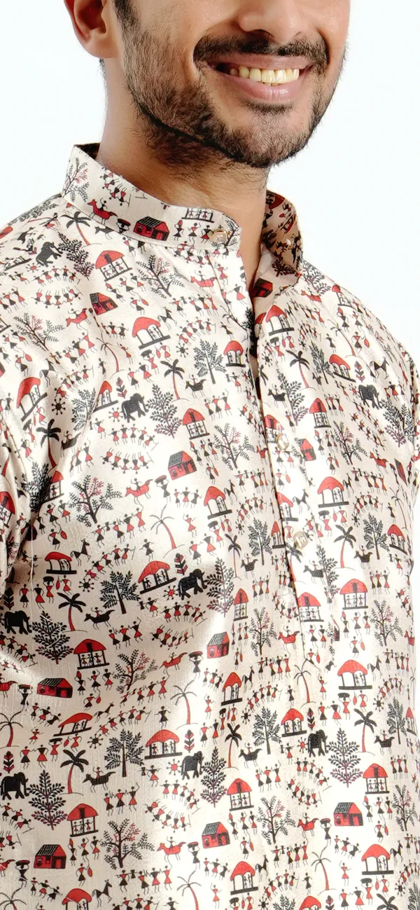 Cream_Silk_Printed_Kurta_For_Men