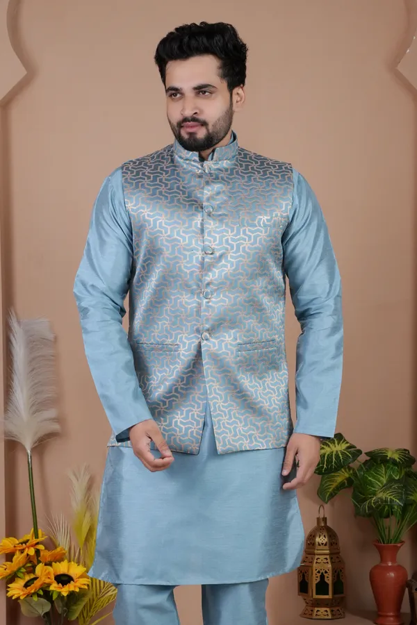 Dark_Sky_Blue_Jacquard_Kurta_Koti_Set_For_Men