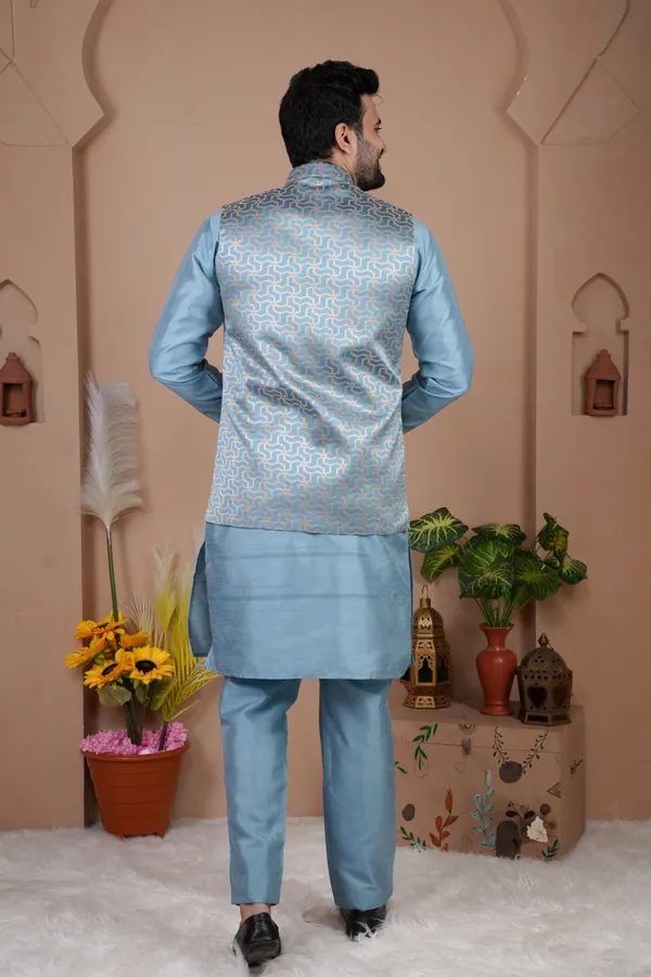 Dark_Sky_Blue_Jacquard_Kurta_Koti_Set_For_Men