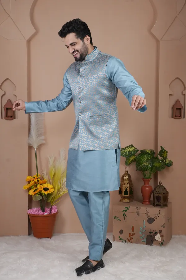 Dark_Sky_Blue_Jacquard_Kurta_Koti_Set_For_Men