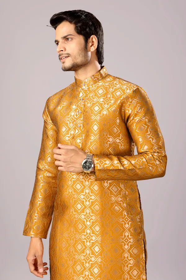 Gold_Banarasi_Silk_Kurta_For_Men