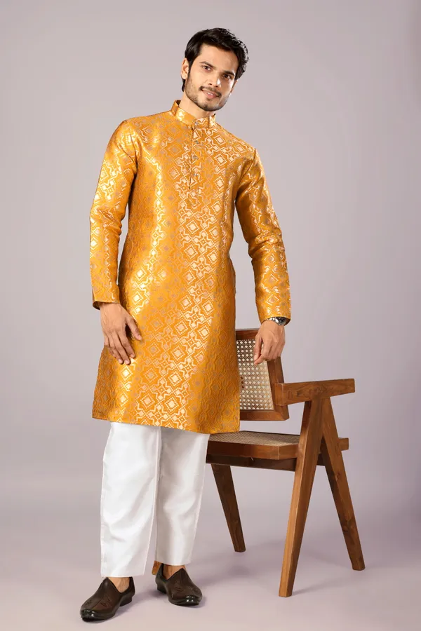 Gold_Banarasi_Silk_Kurta_For_Men