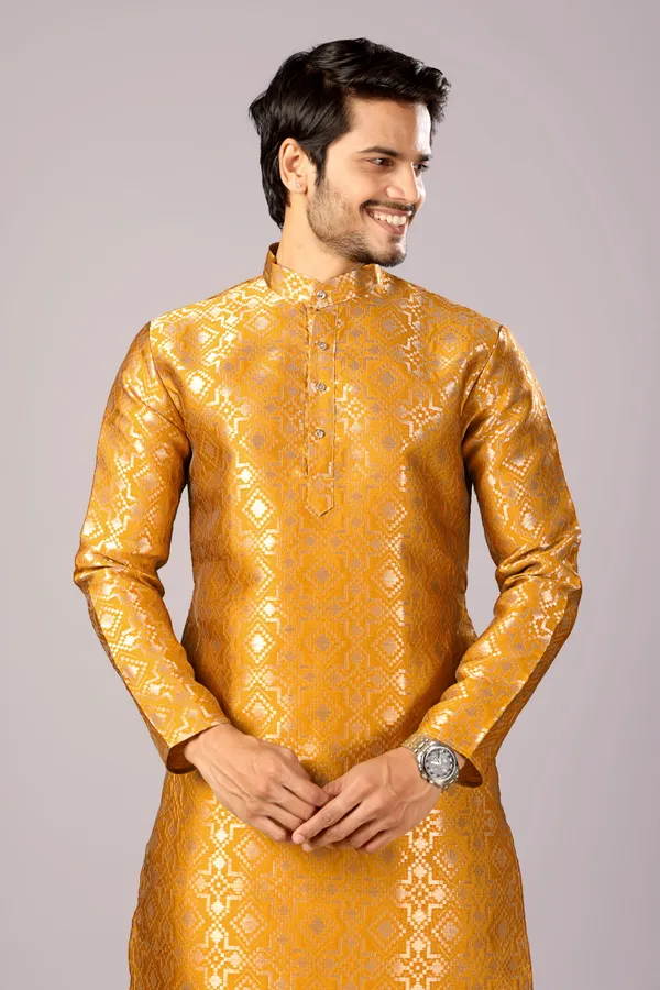 Gold_Banarasi_Silk_Kurta_For_Men