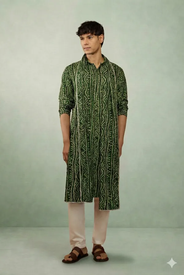 Green_Bandhani_Dupatta_Kurta_Set_For_Men