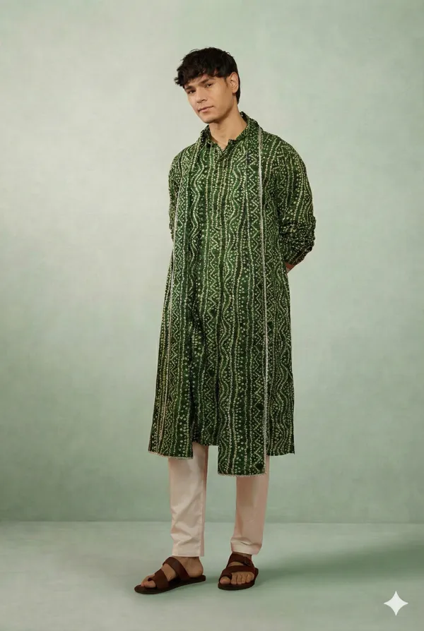 Green_Bandhani_Dupatta_Kurta_Set_For_Men