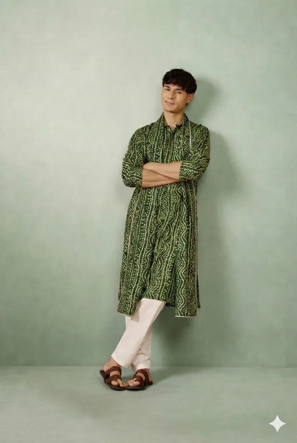 Green_Bandhani_Dupatta_Kurta_Set_For_Men