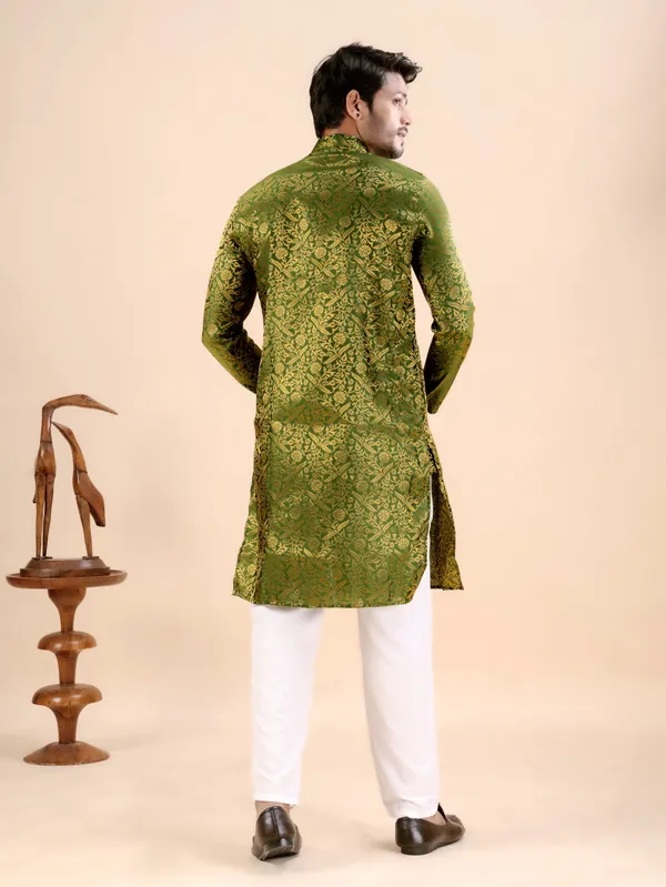 Green_Floral_Banarasi_Silk_Kurta_For_Men
