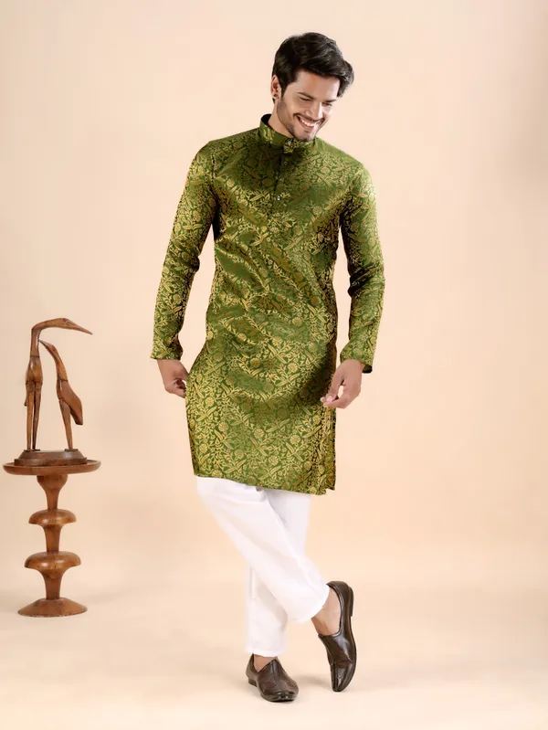 Green_Floral_Banarasi_Silk_Kurta_For_Men