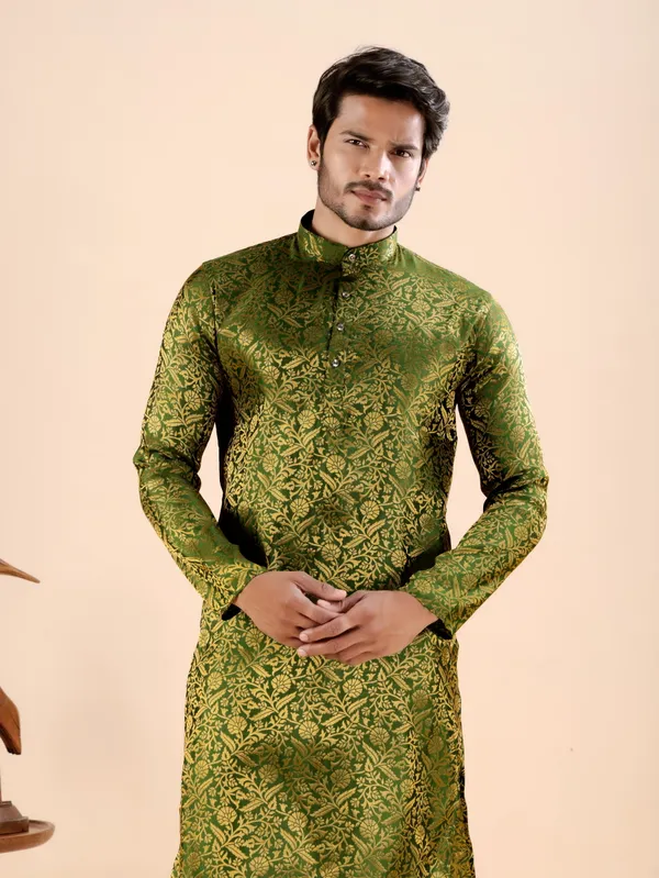 Green_Floral_Banarasi_Silk_Kurta_For_Men