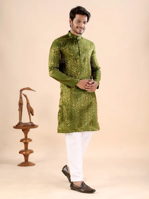 Green_Floral_Banarasi_Silk_Kurta_For_Men