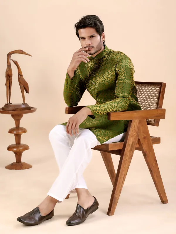 Green_Floral_Banarasi_Silk_Kurta_For_Men