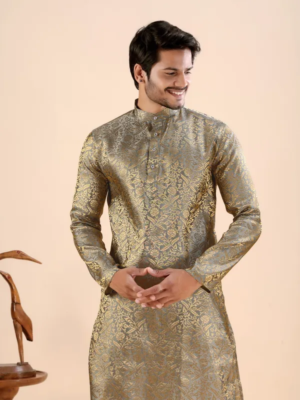 Grey_Floral_Banarasi_Silk_Kurta_For_Men