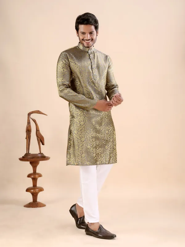 Grey_Floral_Banarasi_Silk_Kurta_For_Men
