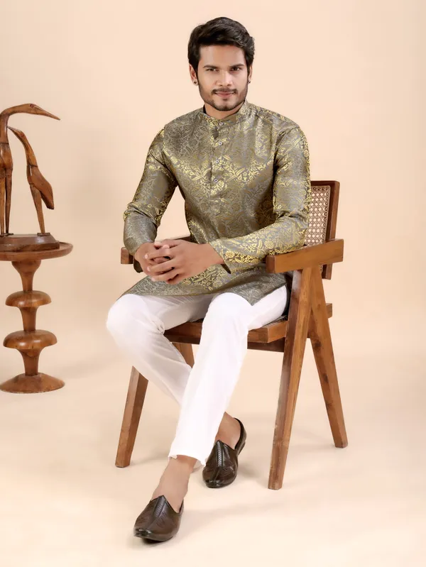 Grey_Floral_Banarasi_Silk_Kurta_For_Men