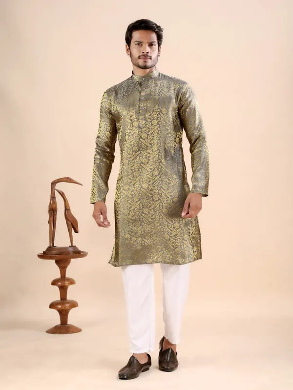 Grey_Floral_Banarasi_Silk_Kurta_For_Men