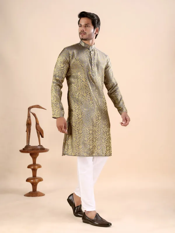 Grey_Floral_Banarasi_Silk_Kurta_For_Men
