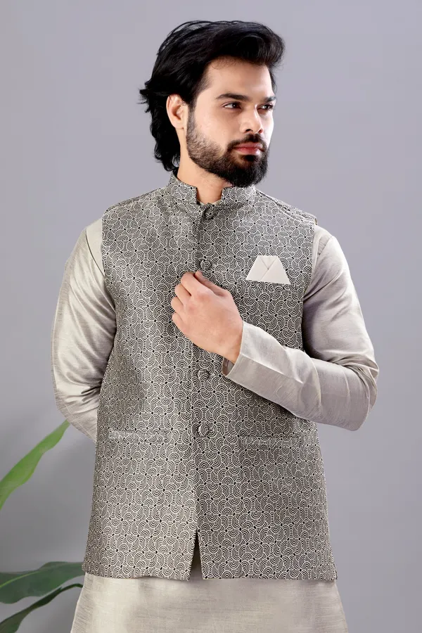 Grey_Jacquard_Kurta_Koti_Set_For_Men