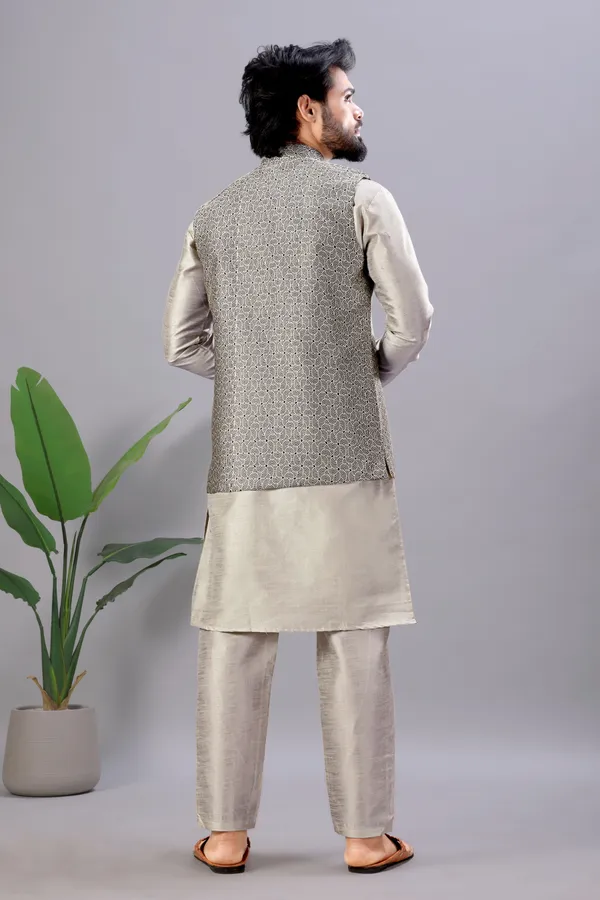 Grey_Jacquard_Kurta_Koti_Set_For_Men