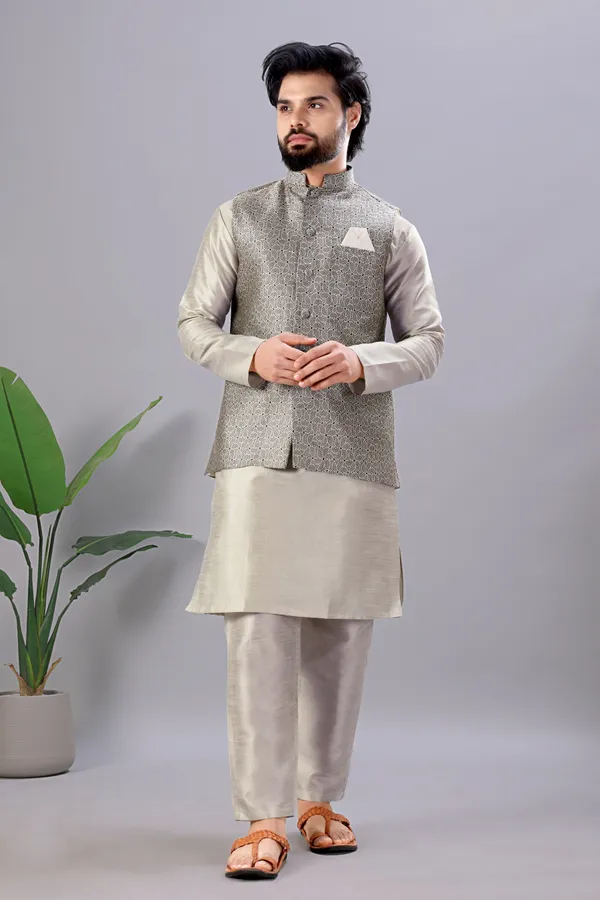 Grey_Jacquard_Kurta_Koti_Set_For_Men
