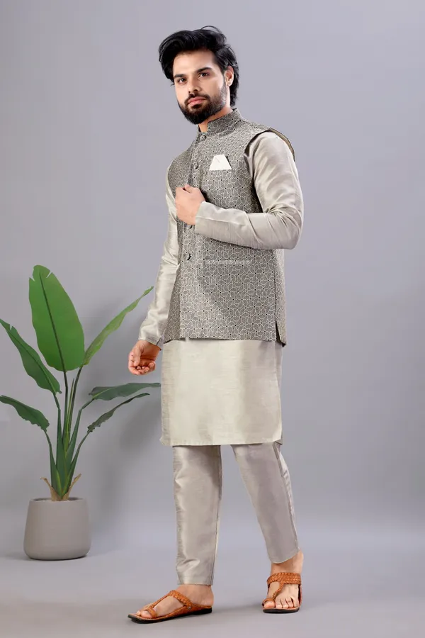 Grey_Jacquard_Kurta_Koti_Set_For_Men