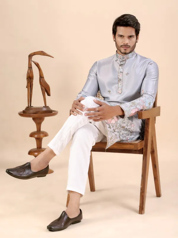 Grey_Satin_Daman_Floral_Kurta_For_Men