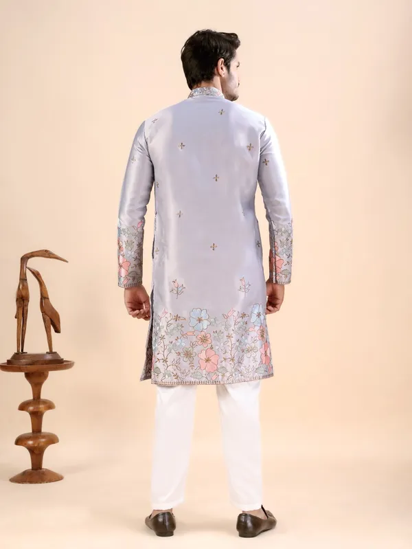 Grey_Satin_Daman_Floral_Kurta_For_Men