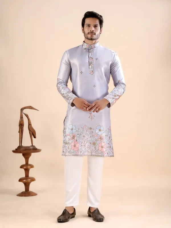 Grey_Satin_Daman_Floral_Kurta_For_Men