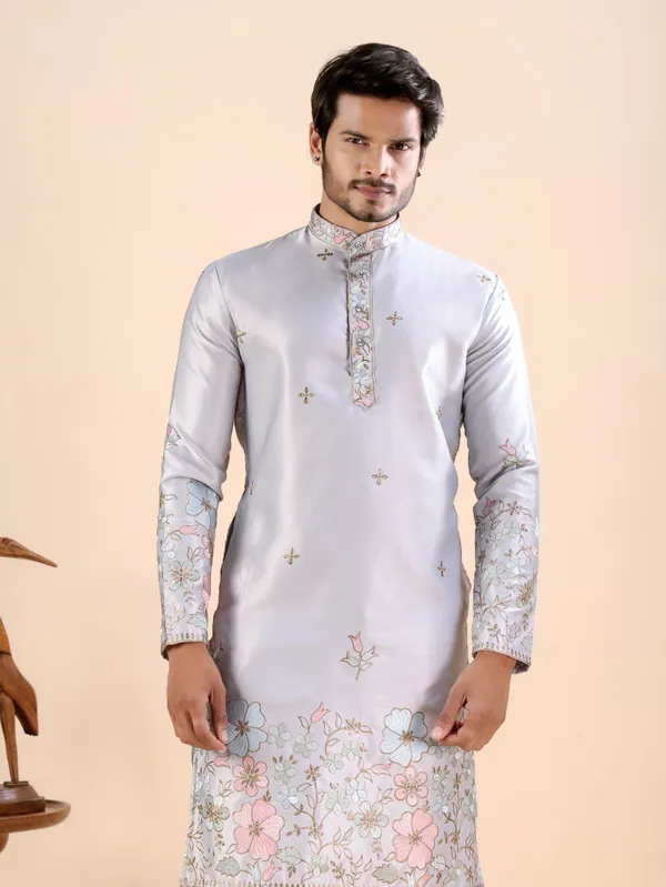 Grey_Satin_Daman_Floral_Kurta_For_Men