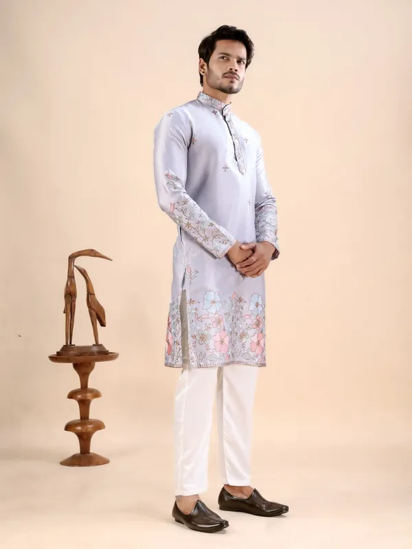 Grey_Satin_Daman_Floral_Kurta_For_Men