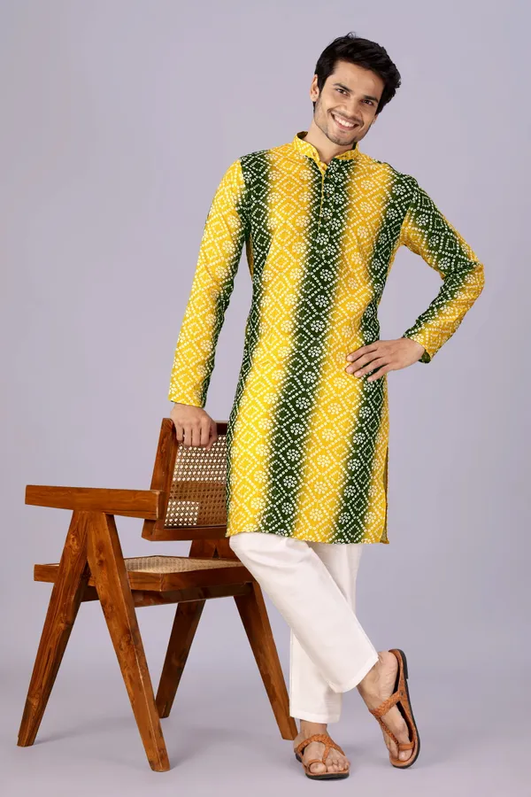 Mehendi_Green_&_Yellow_Crochet_Bandhani_Kurta_For_Men