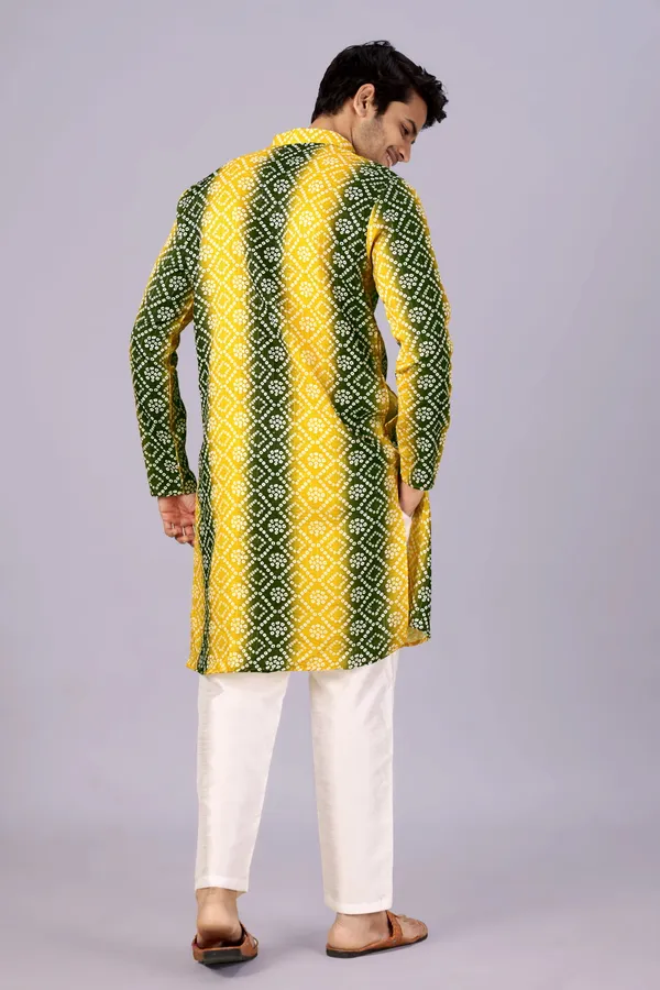 Mehendi_Green_&_Yellow_Crochet_Bandhani_Kurta_For_Men