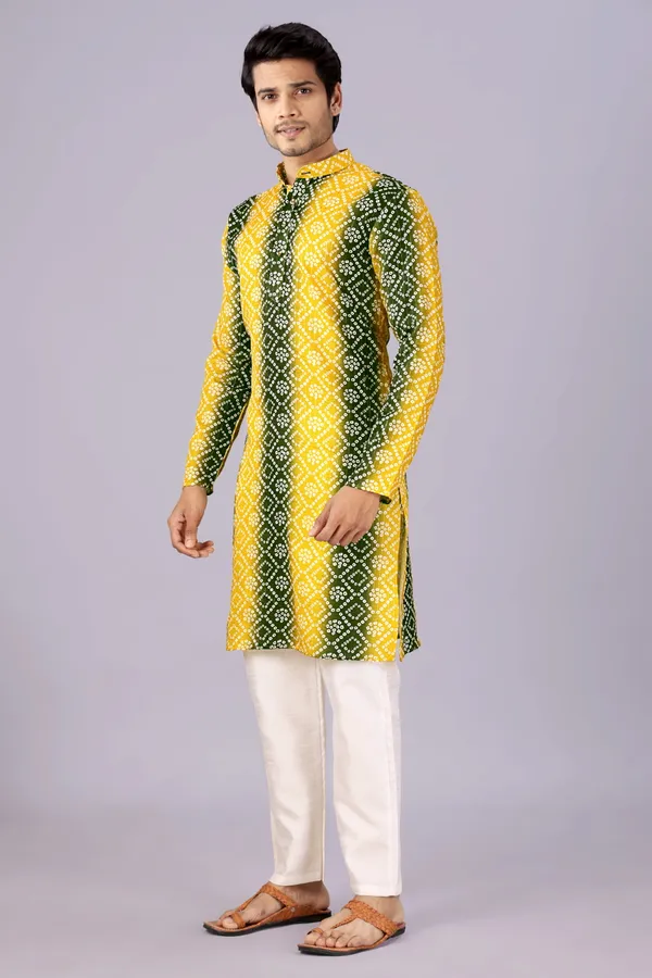 Mehendi_Green_&_Yellow_Crochet_Bandhani_Kurta_For_Men