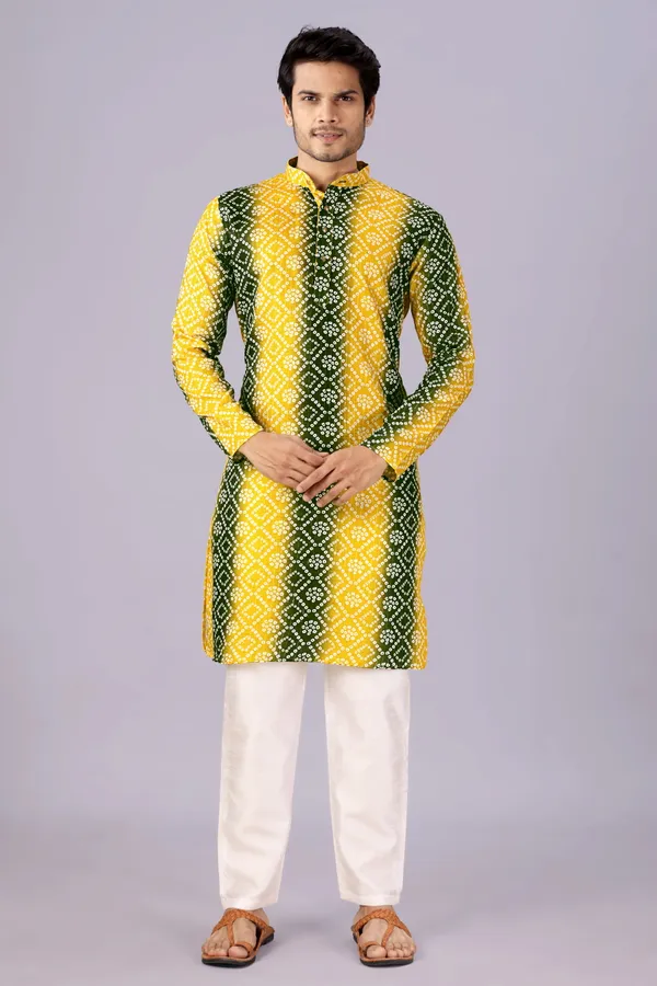 Mehendi_Green_&_Yellow_Crochet_Bandhani_Kurta_For_Men