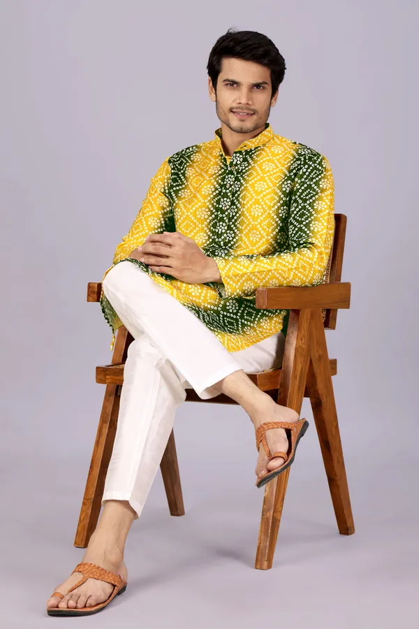 Mehendi_Green_&_Yellow_Crochet_Bandhani_Kurta_For_Men