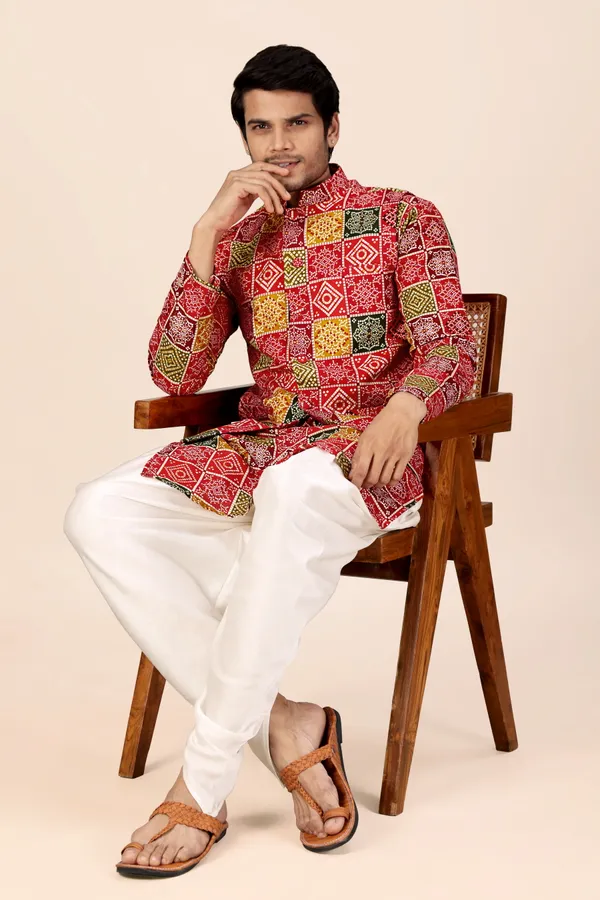 Multicolor_Box_Print_Bandhani_Dhoti_Kurta_Koti_3_Piece_Set_For_Men