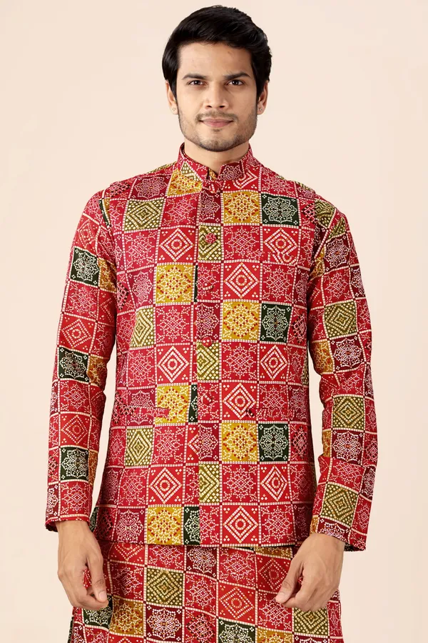 Multicolor_Box_Print_Bandhani_Dhoti_Kurta_Koti_3_Piece_Set_For_Men