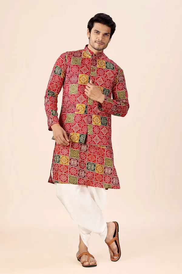 Multicolor_Box_Print_Bandhani_Dhoti_Kurta_Koti_3_Piece_Set_For_Men