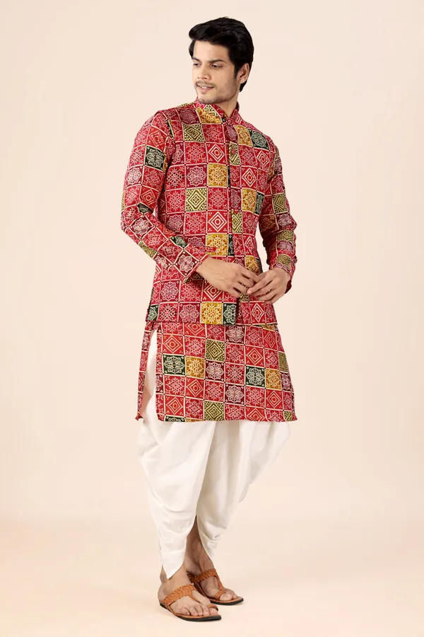 Multicolor_Box_Print_Bandhani_Dhoti_Kurta_Koti_3_Piece_Set_For_Men