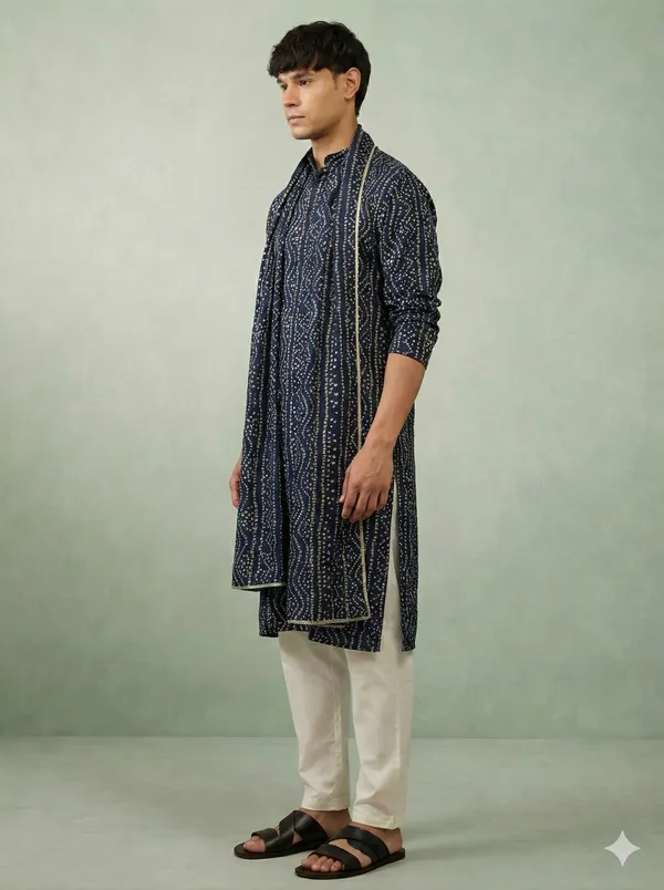 Navy_Blue_Bandhani_Dupatta_Kurta_Set_For_Men