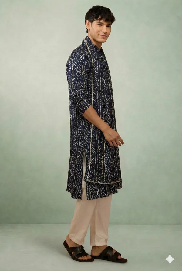 Navy_Blue_Bandhani_Dupatta_Kurta_Set_For_Men
