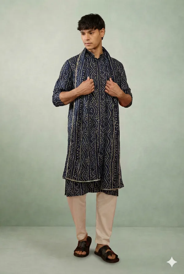 Navy_Blue_Bandhani_Dupatta_Kurta_Set_For_Men