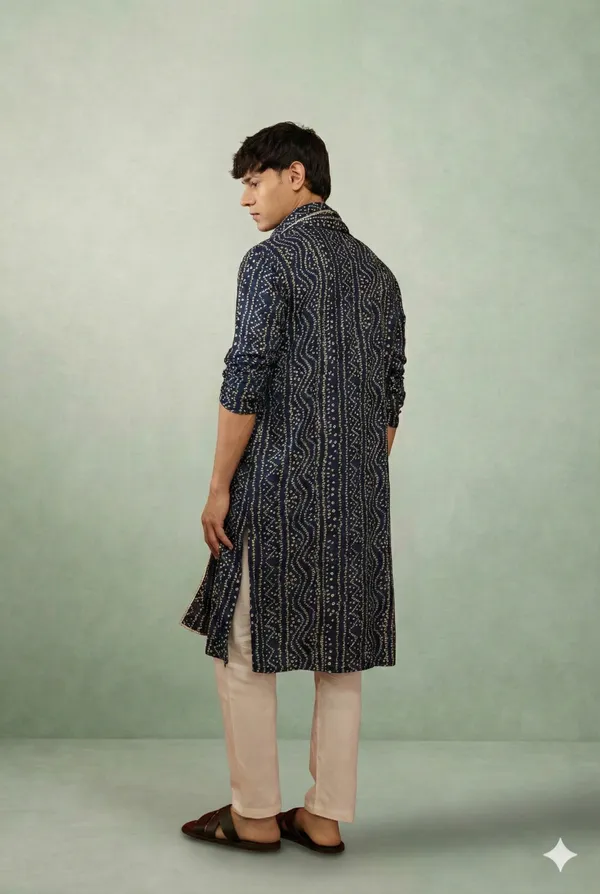 Navy_Blue_Bandhani_Dupatta_Kurta_Set_For_Men