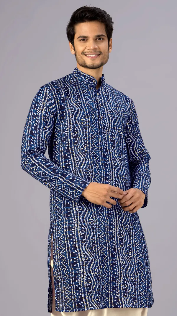 Navy_Blue_Bandhani_Printed_Kurta_For_Men