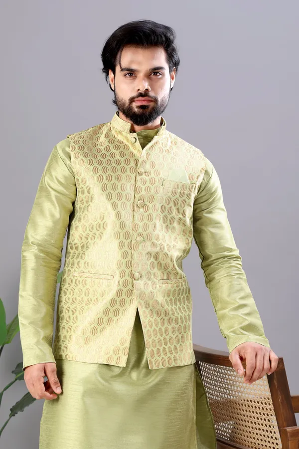 Neon_Green_Jacquard_Kurta_Koti_Set_For_Men