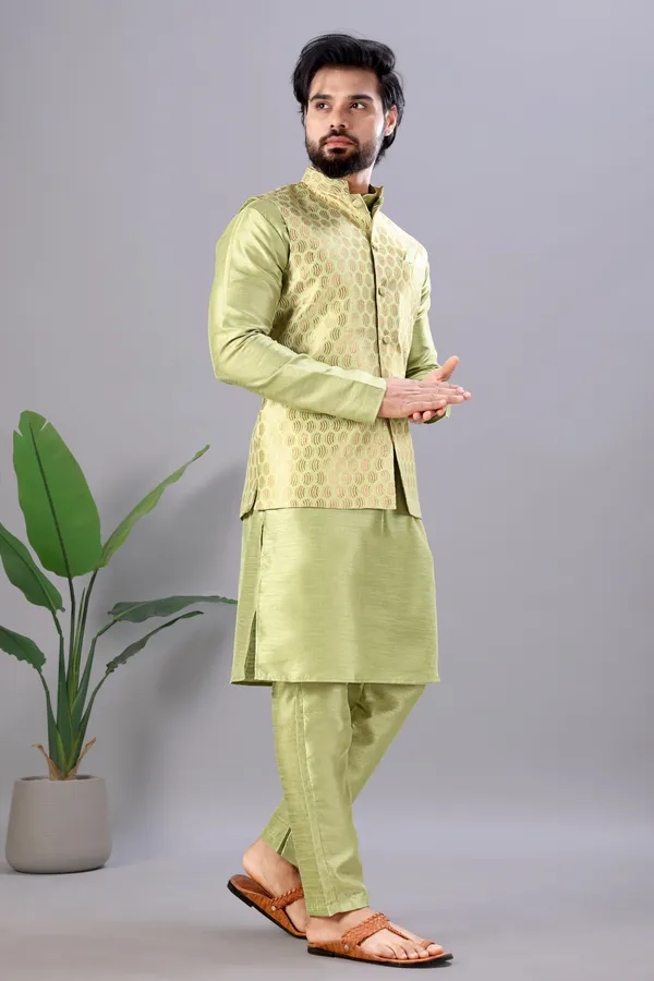 Neon_Green_Jacquard_Kurta_Koti_Set_For_Men
