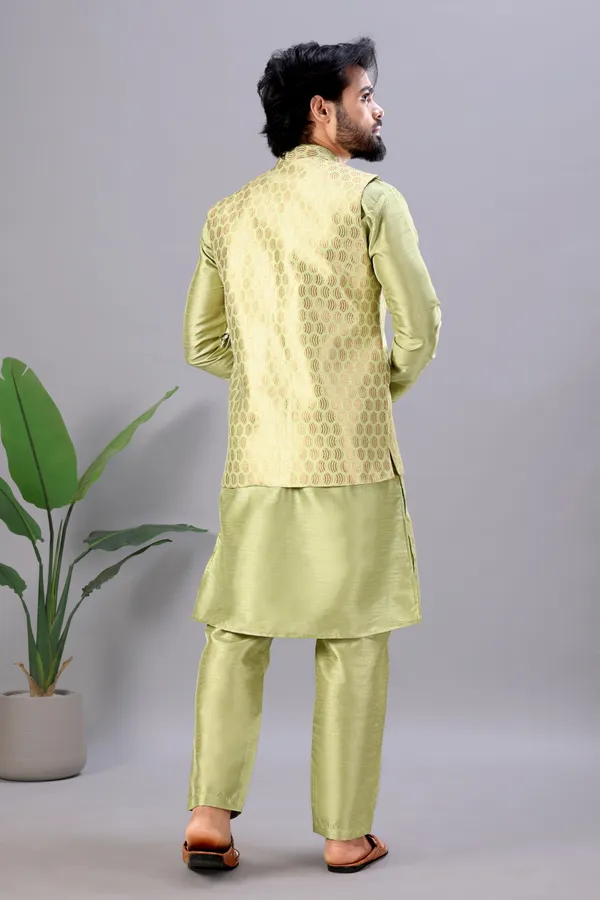 Neon_Green_Jacquard_Kurta_Koti_Set_For_Men