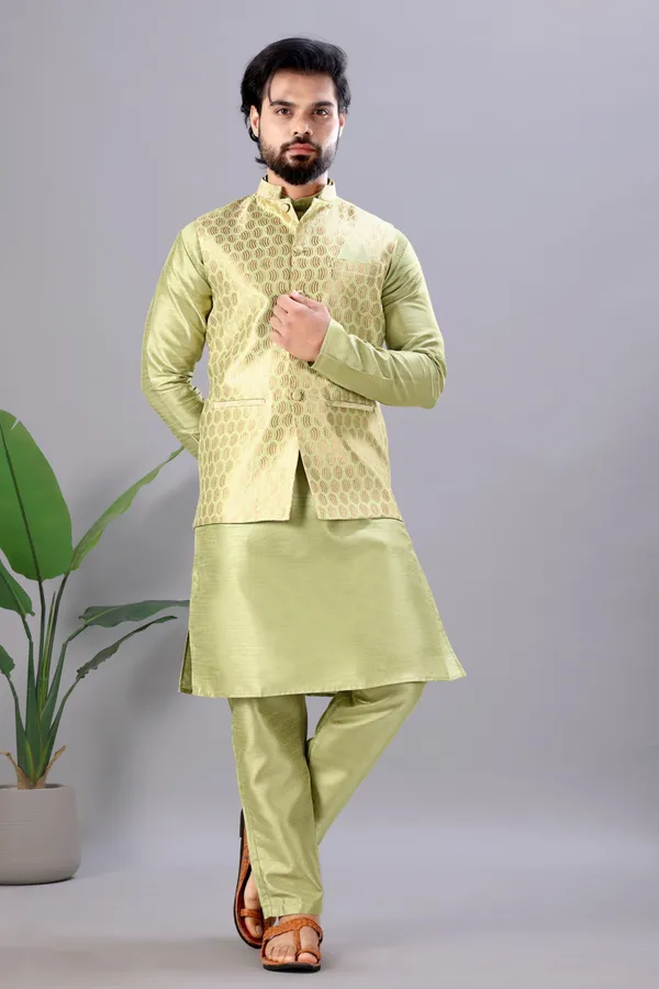 Neon_Green_Jacquard_Kurta_Koti_Set_For_Men