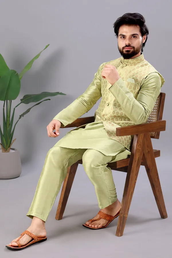 Neon_Green_Jacquard_Kurta_Koti_Set_For_Men