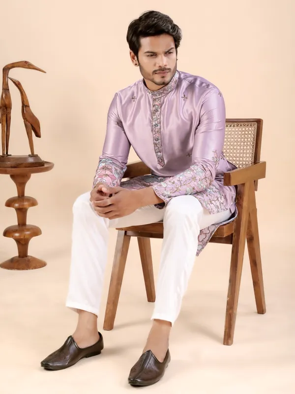 Onion_Pink_Satin_Daman_Floral_Kurta_For_Men