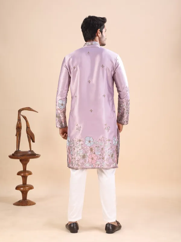 Onion_Pink_Satin_Daman_Floral_Kurta_For_Men